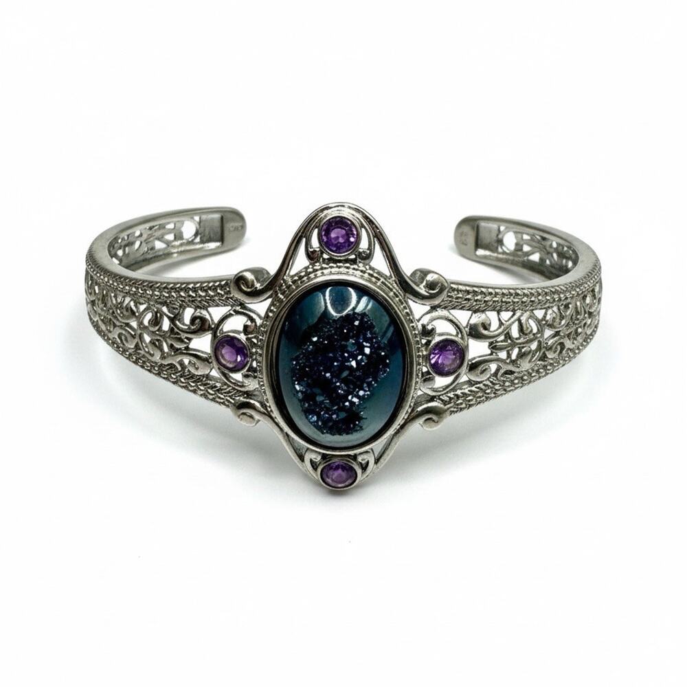 Karis Platinum Bonded Purple Amethys Clustert & CZs Fancy Cuff Bracelet